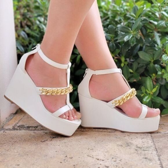 Women's Gold Chain High Wedge Platform White Color - Picture 1 of 4